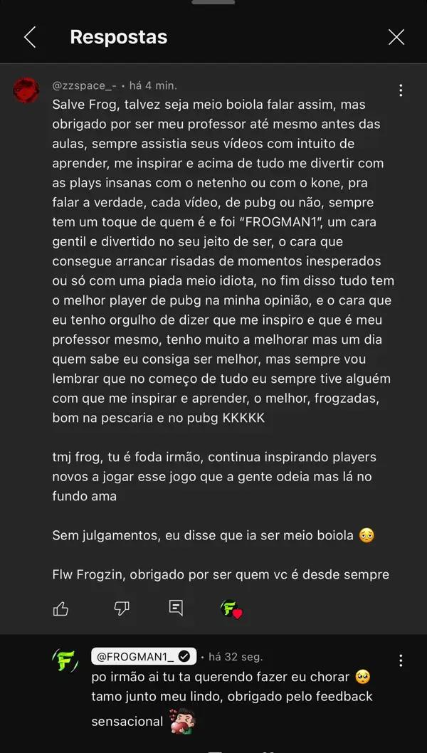 Mensagem longa de aluno agradecendo o Frog como professor