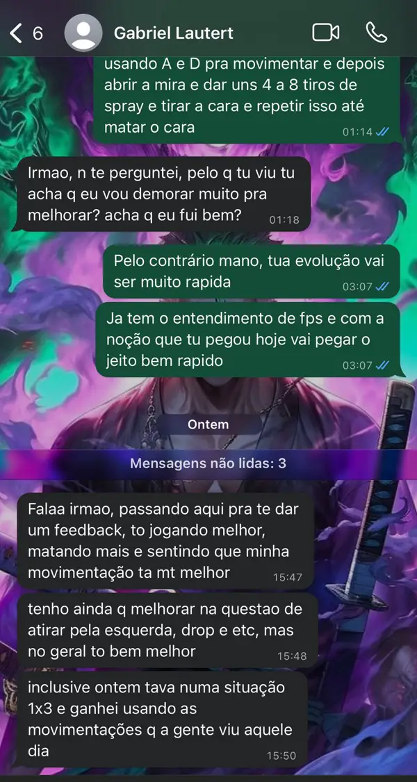 Aluno Gabriel Lautert: tô jogando melhor, ganhei um 1x3 usando as movimentações